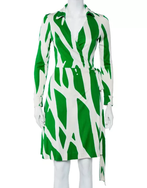 Diane Von Furstenberg Beige & Green Printed Silk Knit Collared Mini Wrap Dress