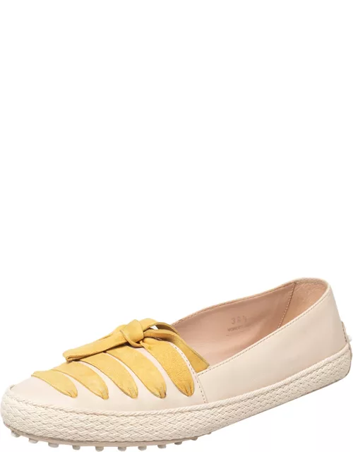 Tod's Beige/Yellow Leather And Suede Bow Espadrille Flat