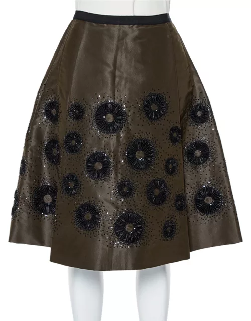 Oscar de la Renta Olive Green Silk Sequin Embellished Pleated Skirt
