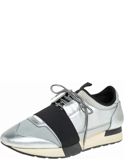 Balenciaga Silver Leather And Knit Fabric Race Runner Low Top Sneaker
