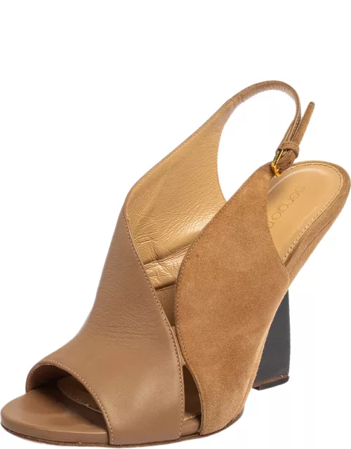 Sergio Rossi Dark Beige Leather and Suede Slingback Sandal
