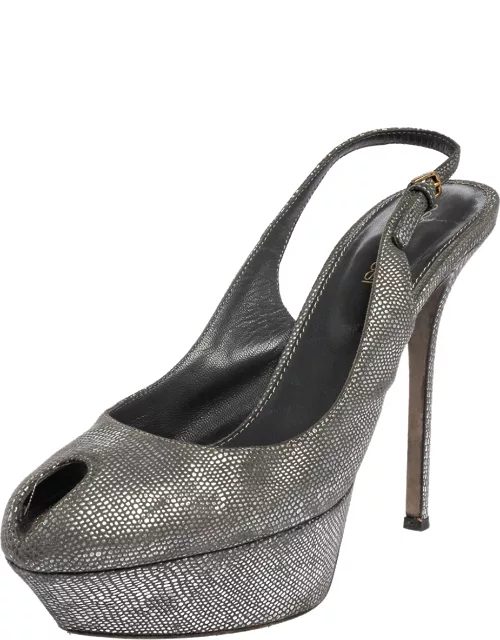 Sergio Rossi Grey/Silver Suede Cachet Peep Toe Platform Slingback Sandal