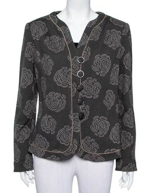 Armani Collezioni Grey Italian Rose Jacquard Knit Button Front Blazer