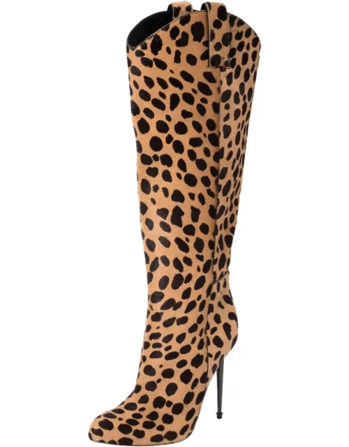 Tom Ford Beige/Brown Leopard Print Calf Hair Knee Length Boot