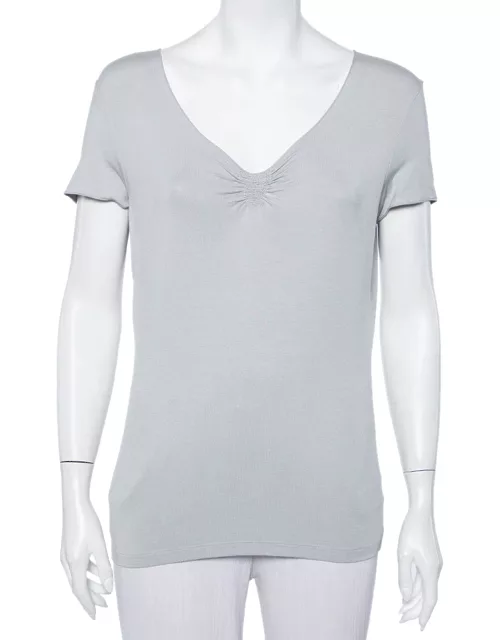 Armani Collezioni Grey Knit Ruched Neck Detail T-Shirt
