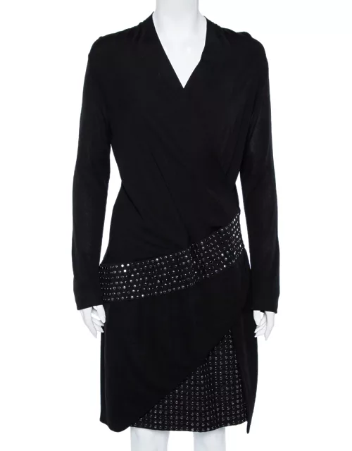 Roberto Cavalli Black Knit Metal Embellished Detail Faux Wrap Dress