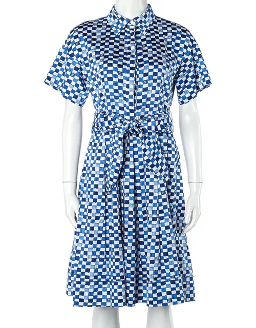 CH Carolina Herrera Blue Logo Grid Print Cotton Belted Dress