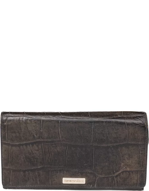 Emporio Armani Black Croc Embossed Leather Flap Wallet