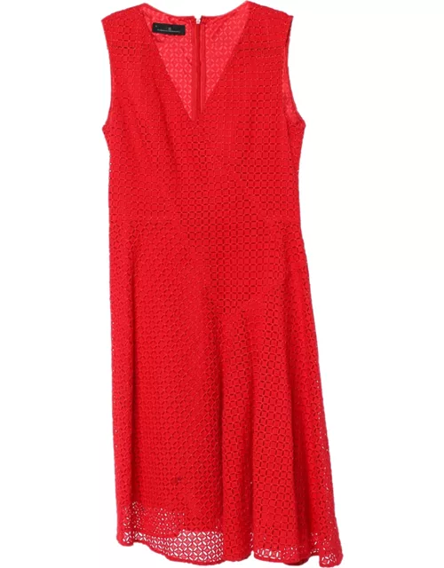 CH Carolina Herrera Red Lace Flared V-Neck Dress