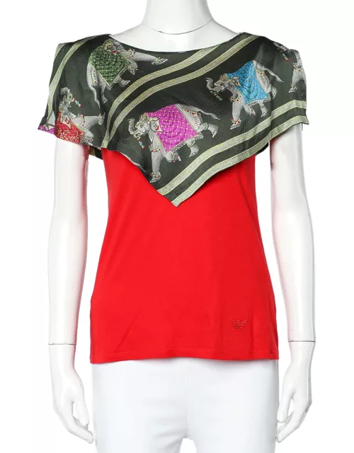 Emporio Armani Red Jersey Playful Elephant Print Silk Paneled Top