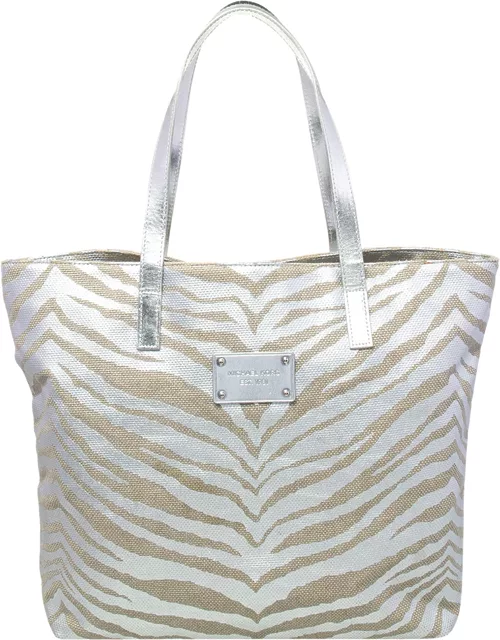 Michael Kors Silver/Beige Canvas And Patent Leather Tote