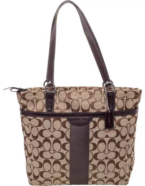 Coach Brown /Beige Canvas And Patent Leather Top Zip Tote