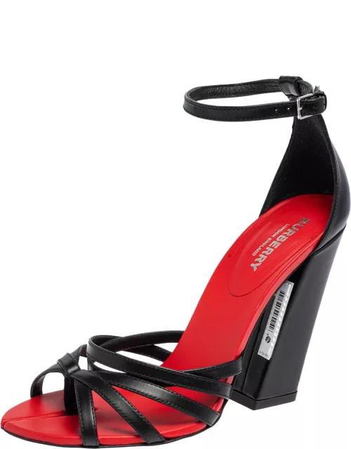 Burberry Black/Red Leather Hove Heel Ankle Strap Sandal