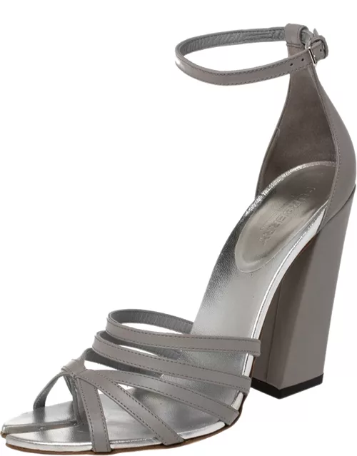 Burberry Cloud Grey Leather Hove Heel Ankle Strap Sandal