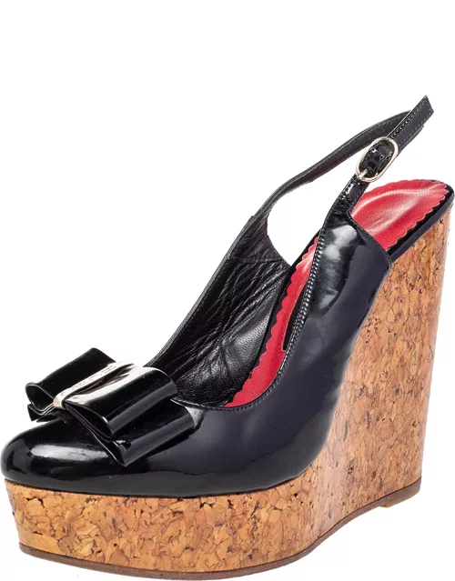 CH Carolina Herrera Black Leather Bow Wedge Sandal
