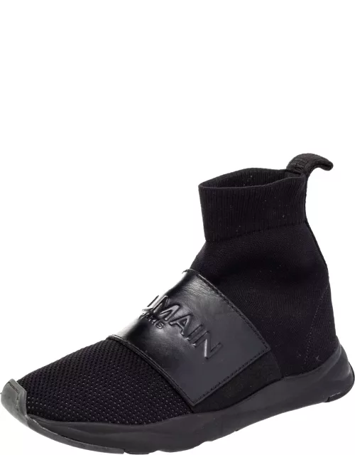 Balmain Black Leather And Knit Fabric Cameron High Top Sneaker