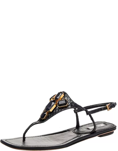 Prada Black Python Embellished Thong Flat Sandal