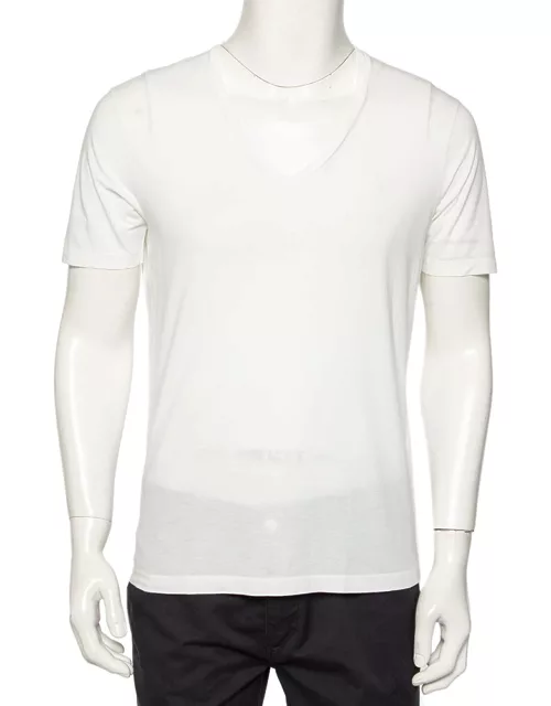 Emporio Armani White Logo Embroidered Cotton V-Neck T-Shirt