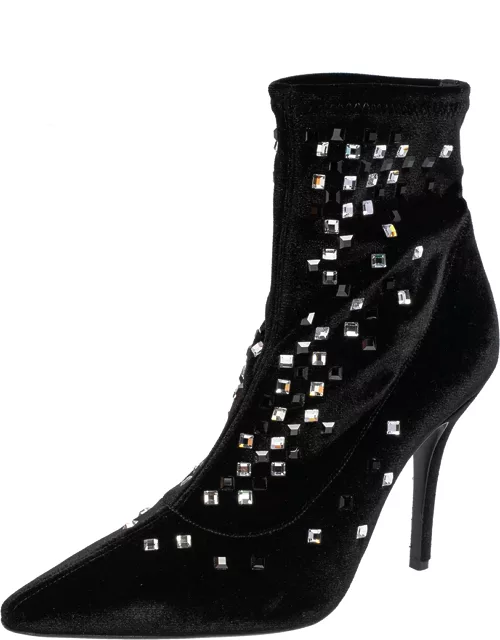 Giuseppe Zanotti Black Velvet Crystal Embellished Pointed Toe Ankle Boot