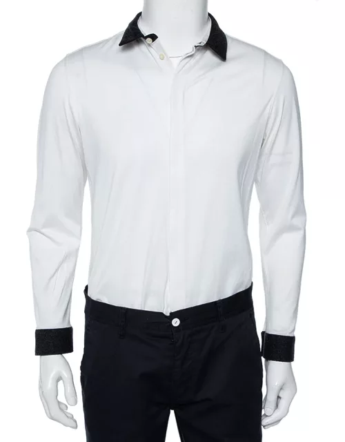 Emporio Armani White Cotton Contrast Wool Trim Button Front Shirt