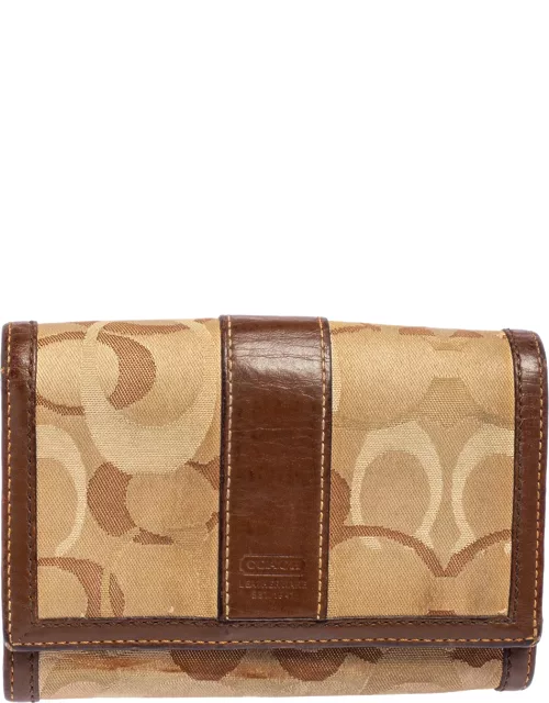 Coach Beige/Brown Signature Canvas and Leather Compact Wallet