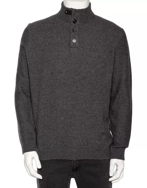 Ermenegildo Zegna Grey Cashmere Buttoned Mock Neck Sweater