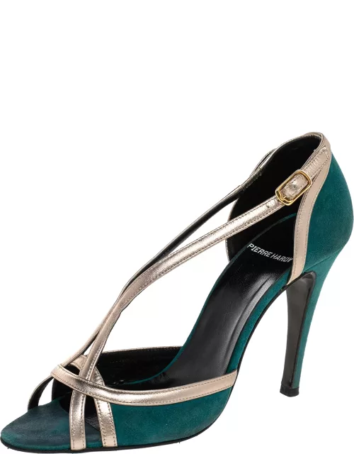 Pierre Hardy Green Suede And Gold Leather Peep Toe Sandal