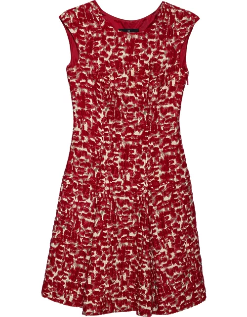 CH Carolina Herrera Red Wool Jacquard Paneled Pleated Dress