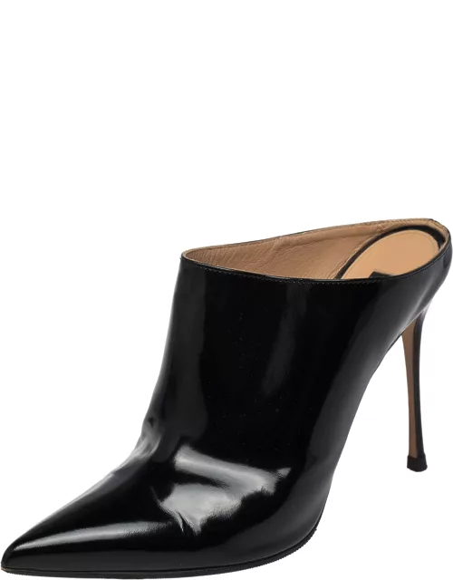 Sergio Rossi Black Glazed Leather Pointed Toe Mule