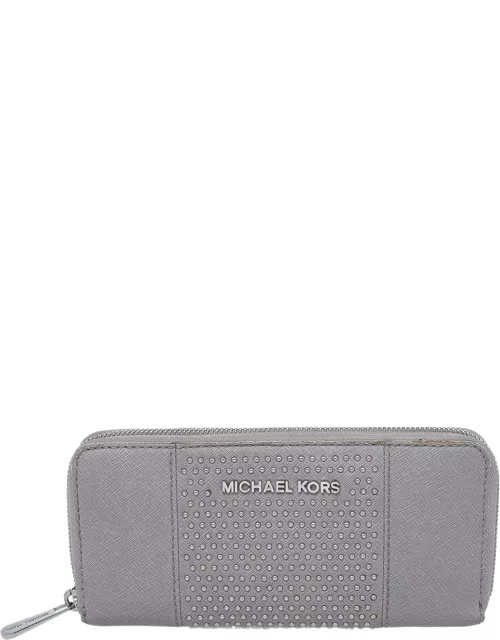 Michael Kors Grey Saffiano Leather Micro Stud Travel Zip Around Wallet