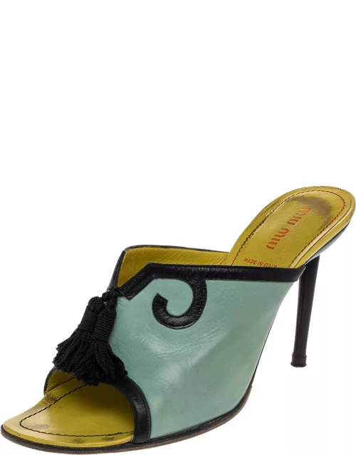 Miu Miu Green/Black Leather Tassel Peep Toe Slide Sandal