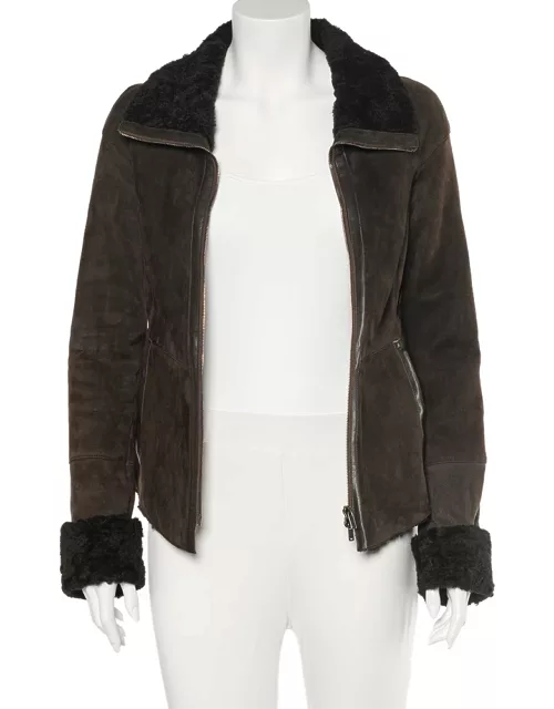 Emporio Armani Brown Fur Collar Detail Zip Front Jacket