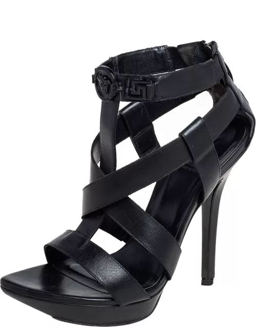 Versace Black Leather T Strappy Platform Sandal
