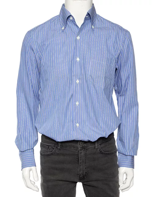 Ermenegildo Zegna Blue Striped Cotton Buttoned-Down Shirt