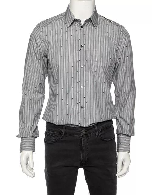 Dolce & Gabbana Grey Striped Cotton Embroidered Detail Gold Fit Shirt