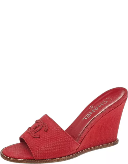 Chanel Red Canvas CC Wedge Slide Sandal