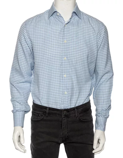 Ermenegildo Zegna Light Blue Check Cotton Button Front Regular Fit Shirt