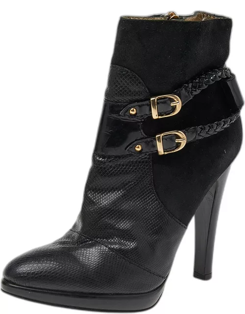 Roberto Cavalli Black Suede And Snake Skin Ankle Length Boot