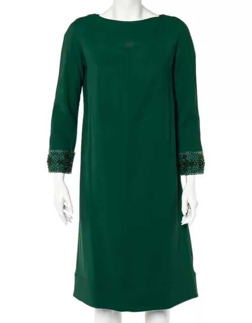 Valentino Green Crepe Embellished Sleeve Cape Detail Shift Dress