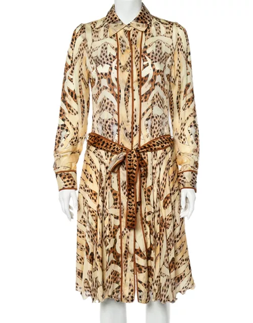 Roberto Cavalli Beige Leopard Print Silk Belted Dress