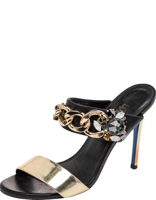 Loriblu Black/Gold Leather Embellished Chain Detail Slide Sandal
