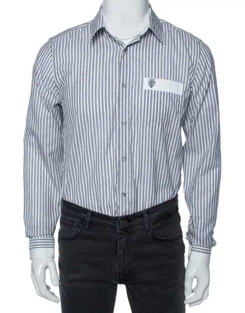 Gucci Grey Striped Cotton Pocket Logo Detail Button Front Shirt
