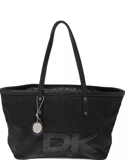 DKNY Black Nylon and Leather Sequin Logo Tote