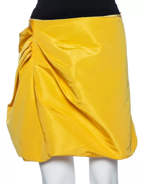 Miu Miu Yellow Silk Gathered Detail Asymmetrical Mini Skirt