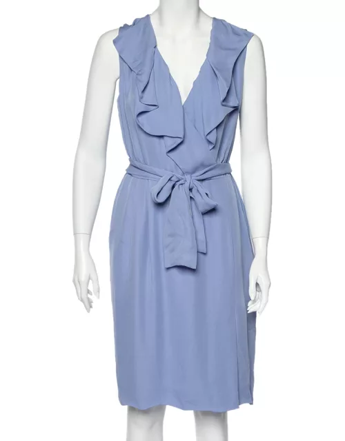 Valentino Blue Silk Ruffled Neck Detail Belted Wrap Midi Dress