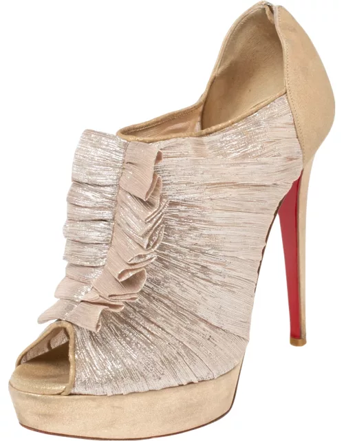 Christian Louboutin Beige Lurex Fabric And Suede Peep Toe Bootie