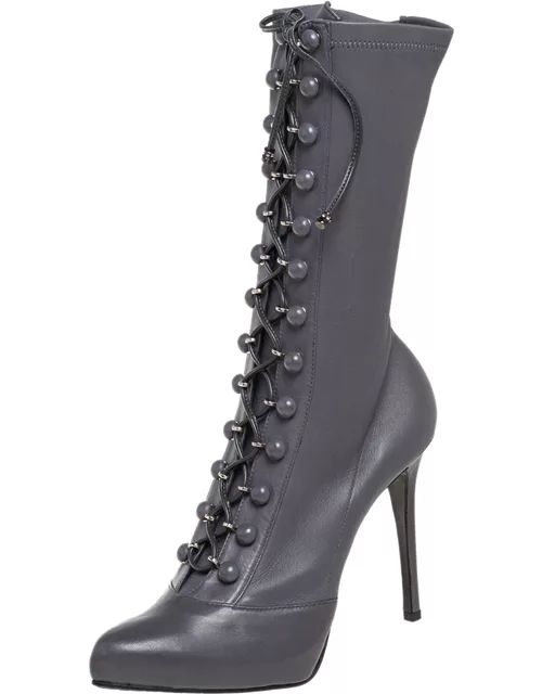 Le Silla Grey Leather Lace Up Mid Calf Boot