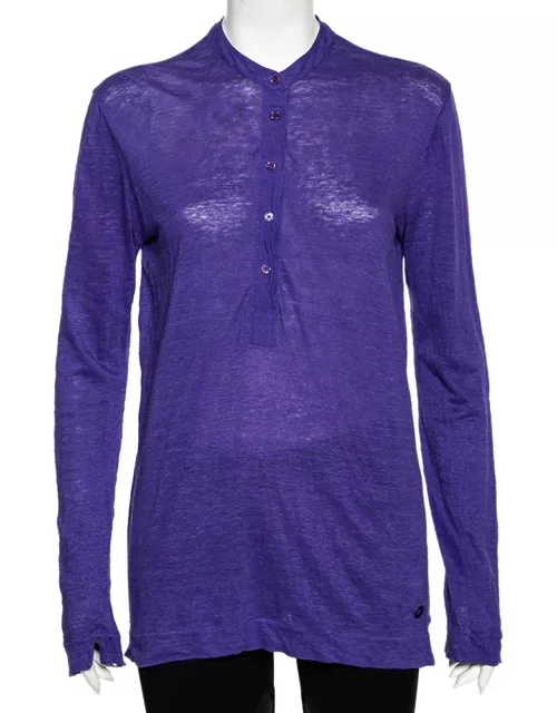 Loro Piana Purple Linen Long Sleeved Polo T-Shirt