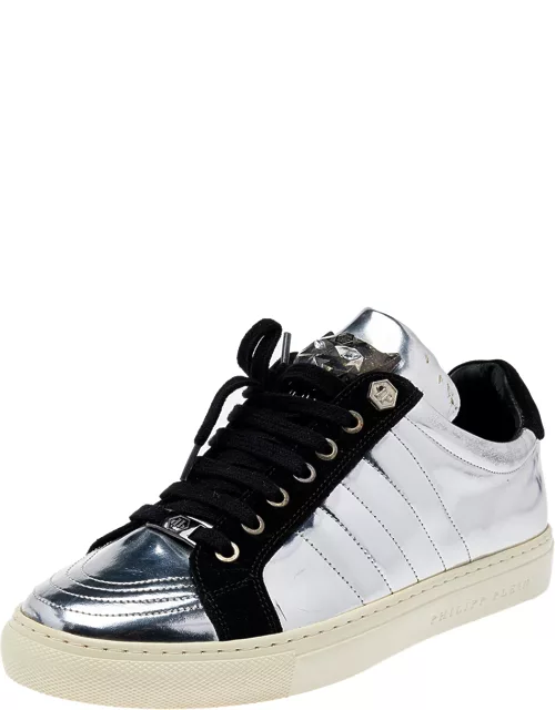 Philipp Plein Silver /Black Leather And Suede Low Top Sneaker