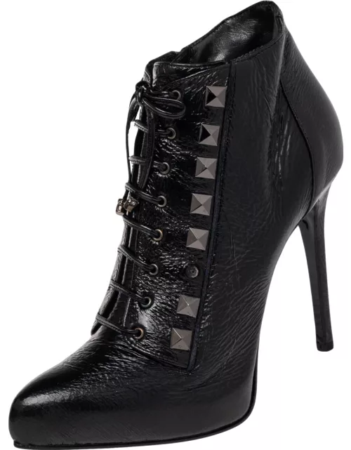 Le Silla Black Patent Leather Lace Up Studded Ankle Bootie